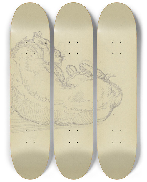 Triptych art skateboard deck of Ferdinand Fellner Ligender Sich Mit Dem Vorderlauf Am Hals Kratzender Hund In Rckenansicht by Ferdinand Fellner (1799-1859)