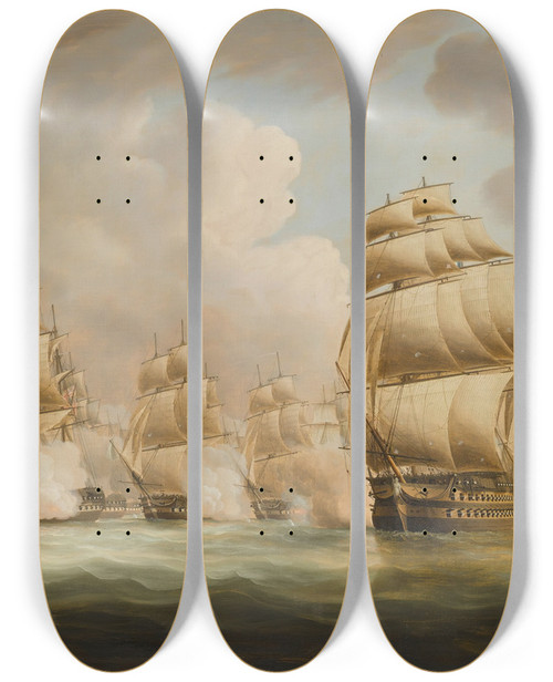 Triptych art skateboard deck of Thomas Buttersworth The Action Of Commodore Dance And The Comte De Linois Off The Straits Of Malacca 15 February 1804 by Thomas Buttersworth (1768-1842)