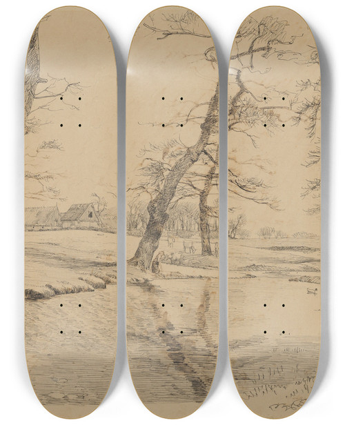 Triptych art skateboard deck of Johan Thomas Lundbye A Brook Near A Farm In Usserd With Cows And Two Figures by Johan Thomas Lundbye (1818-1848)