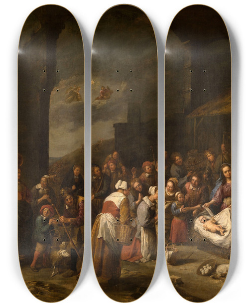 Triptych art skateboard deck of Gillis Van Tilborgh The Adoration Of The Shepherds by Gillis Van Tilborgh (1625-1678)