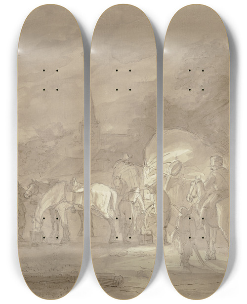 Triptych art skateboard deck of Peter Von Hess Nchtliche Rast In Einem Kirchdorf by Peter Von Hess (1792-1871)