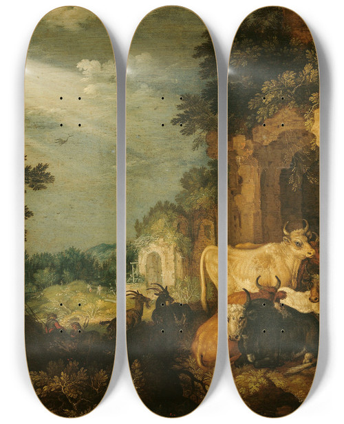 Triptych art skateboard deck of Roelant Savery Landscape With Ruins Cattle And Deer by Roelant Savery (1576-1639)