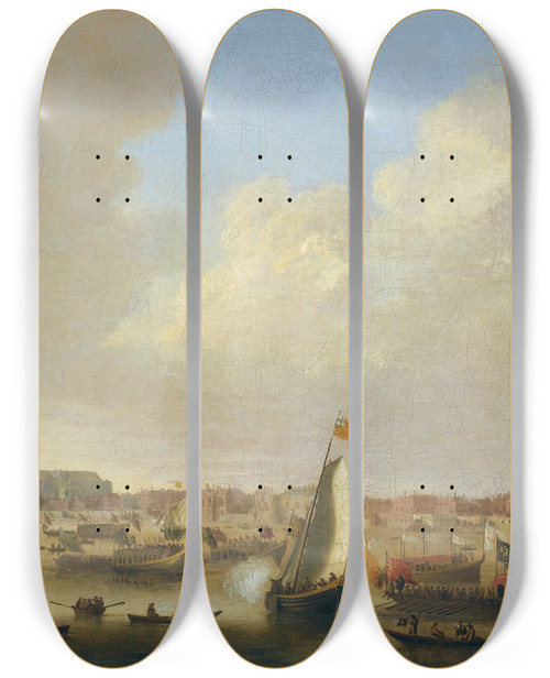 Triptych art skateboard deck of Thomas Wijck View Of The Thames At Westminster On Lord Mayors Day by Thomas Wijck (1616-1677)
