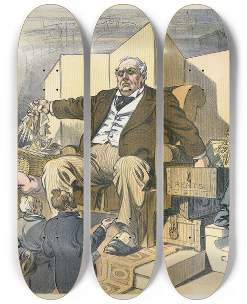 Triptych art skateboard deck of Udo Keppler A Phase Of Our Tax System The Greater The Service The Heavier The Tax by Udo Keppler (1872-1956)