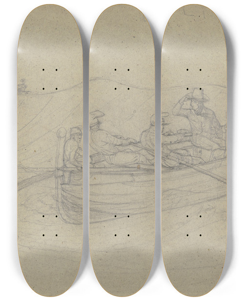 Triptych art skateboard deck of Carl Morgenstern Zwei Bemannte Boote Auf Hoher See by Carl Morgenstern (1811-1893)