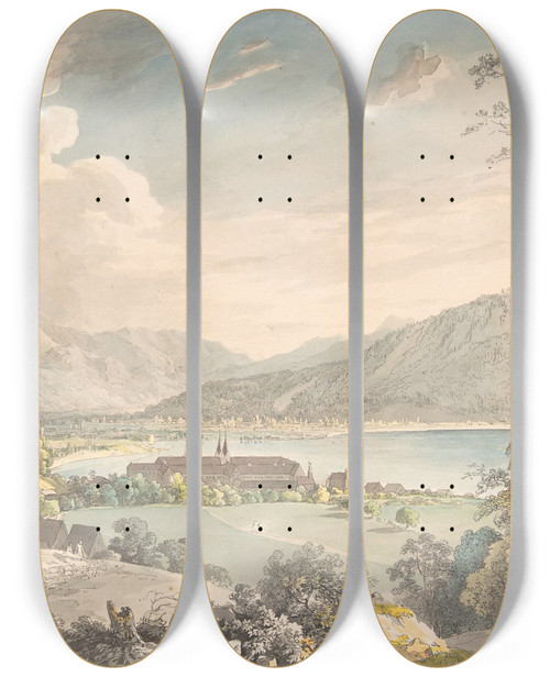 Triptych art skateboard deck of Johann Georg Von Dillis View Of The Monastery In Tegernsee Seen From The Northeast by Johann Georg Von Dillis (1759-1841)