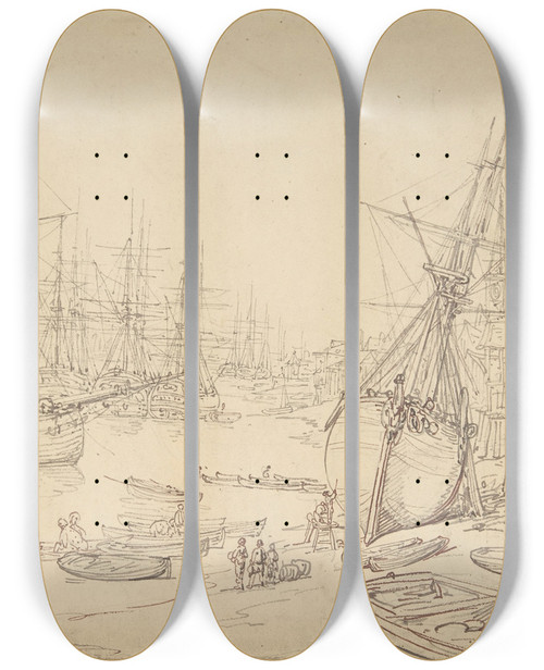 Triptych art skateboard deck of Thomas Rowlandson Shipyard Greenwich by Thomas Rowlandson (1756-1827)