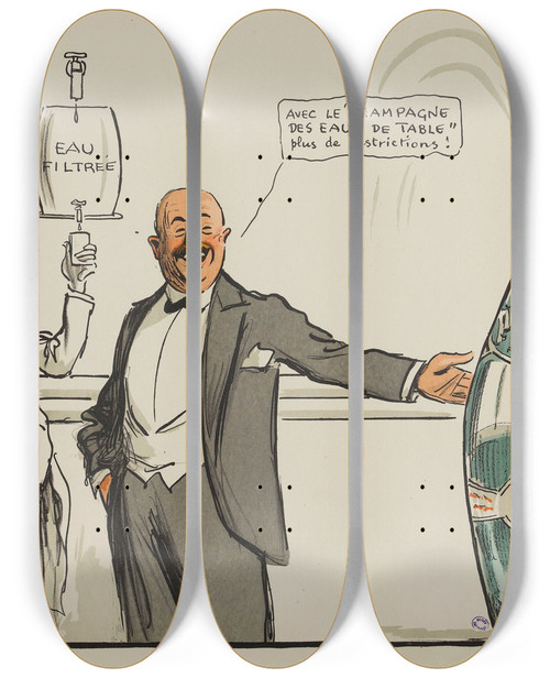 Triptych art skateboard deck of Georges Goursat Sem Avec Le Champagne Des Eaux De Table Plus De Restrictions by Georges Goursat (Sem) (1863-1934)
