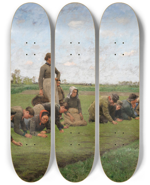 Triptych art skateboard deck of Emile Claus Flaxweeding In Flanders by Emile Claus (1849-1924)