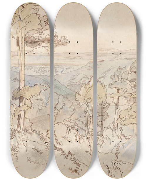 Triptych art skateboard deck of Edward Lear The Gulf Of Brolo From Near Kokkinomilia by Edward Lear (1812-1888)