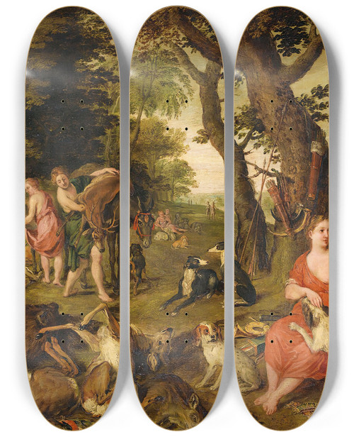 Triptych art skateboard deck of Studio Of Jan Brueghel The Younger The Return Of Diana And Her Nymphs After The Hunt by Studio Of Jan Brueghel The Younger (1601-1678)
