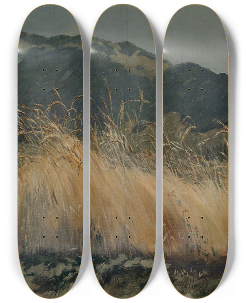 Triptych art skateboard deck of Frank Buchser Rye Field In The Jura by Frank Buchser (1828-1890)