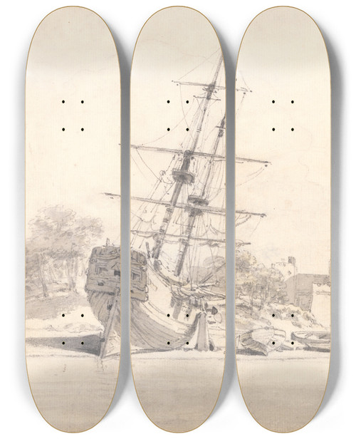 Triptych art skateboard deck of William Alexander A Small Sailing Ship Drawn Up On The Shore Below Some Fortified Buildings by William Alexander (1767-1816)