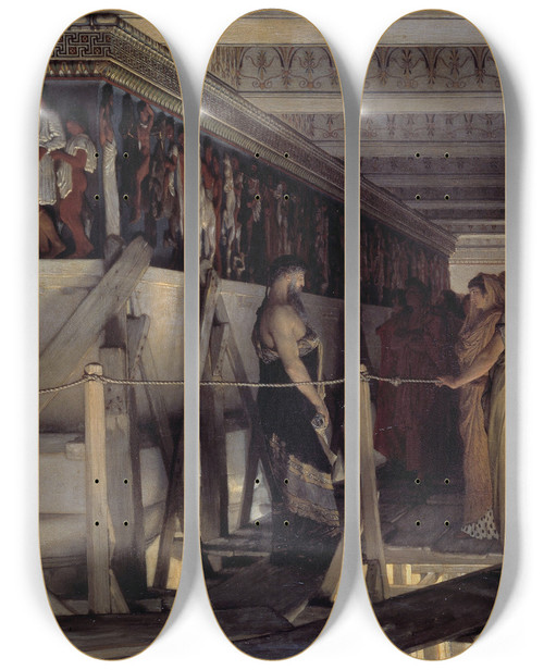 Triptych art skateboard deck of Lawrence Almatadema Pheidias And The Frieze Of The Parthenon by Lawrence Alma-Tadema (1836-1912)