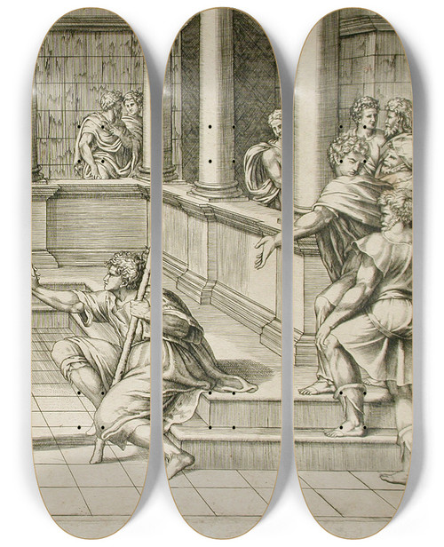 Triptych art skateboard deck of Giovannibattista Franco Christ Healing The Paralytic by Giovanni-Battista Franco (1510-1561)