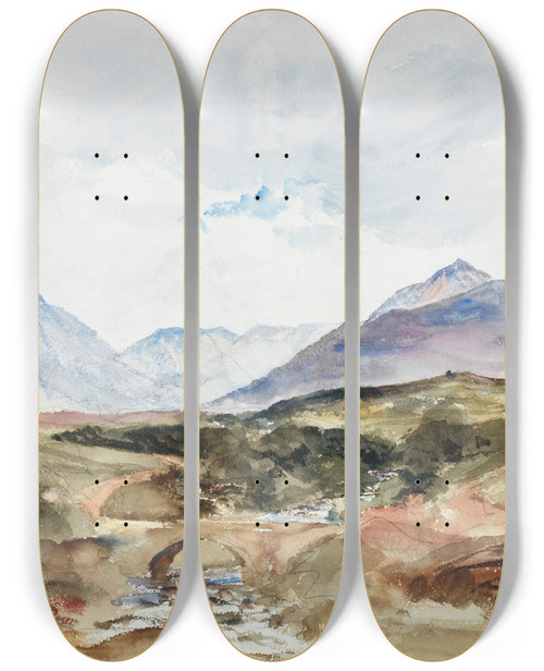 Triptych art skateboard deck of Peter De Wint A Stream In The Welsh Mountains Near Snowdon Range by Peter De Wint (1784-1849)