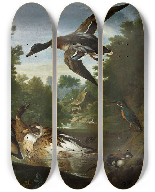 Triptych art skateboard deck of Pieter Casteels Iii Ducks A Goldfinch A Kingfisher And Swans Along A River by Pieter Casteels Ii (1684-1749)
