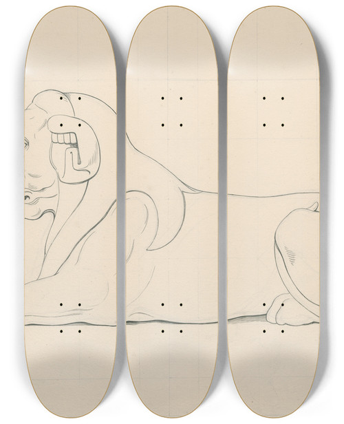 Triptych art skateboard deck of David Humbert De Superville Egyptian Statue Of A Lion Profile View by David Humbert De Superville (1770-1849)