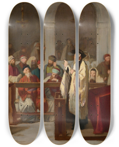 Triptych art skateboard deck of Edouard Moyse In The Synagogue by Edouard Moyse (1827-1908)