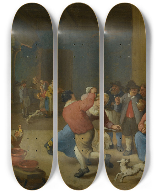 Triptych art skateboard deck of Mattheus Van Helmont A Tavern Interior With Drinking And Dancing Peasants by Mattheus Van Helmont (1623-1679)