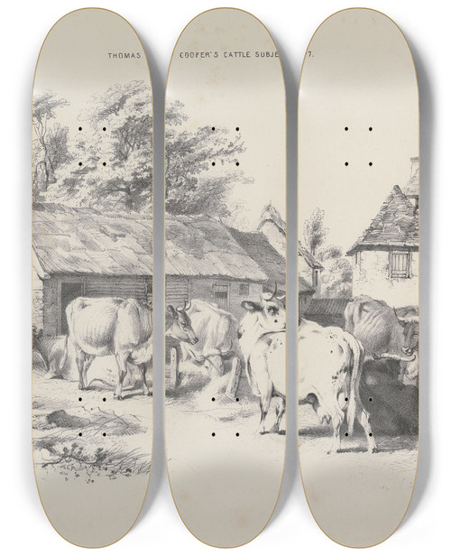 Triptych art skateboard deck of Thomas Sidney Cooper Thomas Sydney Coopers Cattle Subjects Pl07 by Thomas Sidney Cooper (1803-1902)