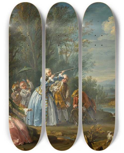 Triptych art skateboard deck of Charlesjoseph Flipart Two Court Ladies Out Shooting With Their Retinue by Charles-Joseph Flipart (1721-1797)