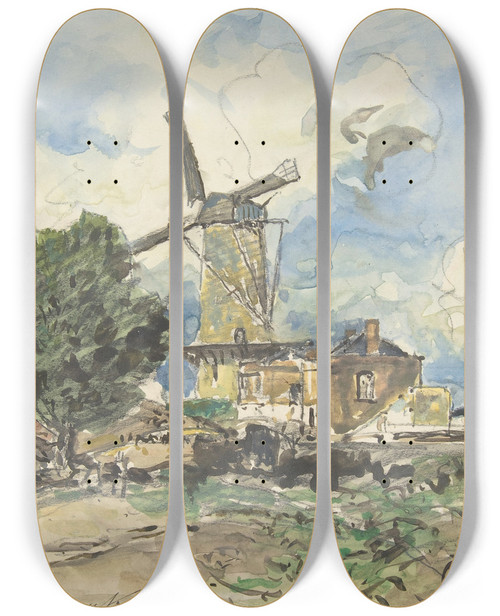 Triptych art skateboard deck of Johan Barthold Jongkind Wind Mill At Antwerp by Johan Barthold Jongkind (1819-1891)