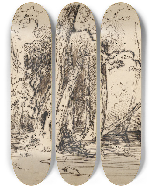 Triptych art skateboard deck of Paul Huet Flooding In The Forest Of The Ile Sguin by Paul Huet (1803-1869)