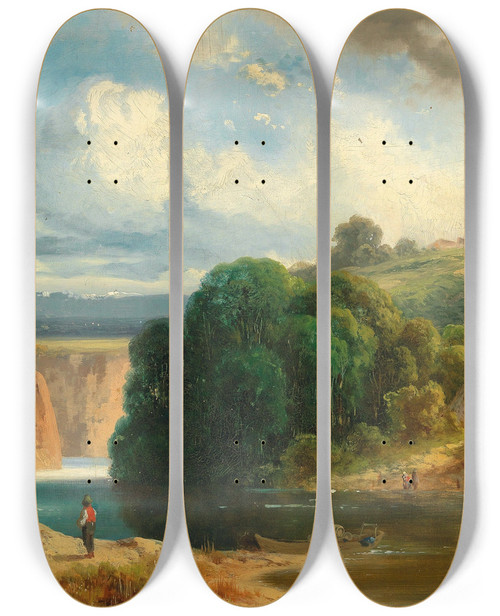 Triptych art skateboard deck of Anton Doll A River Valley by Anton Doll (1826-1887)