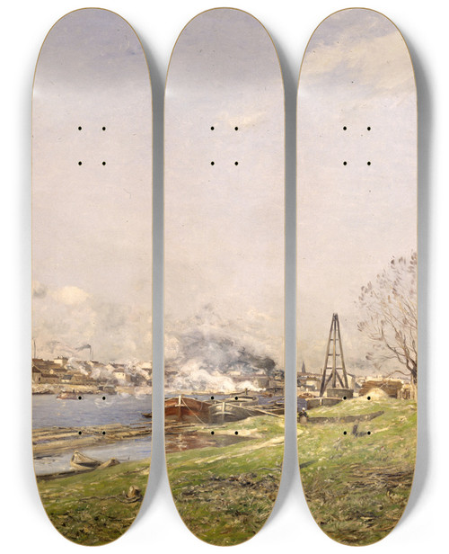 Triptych art skateboard deck of Antoine Guillemet La Seine Conflanscharenton by Antoine Guillemet (1843-1918)