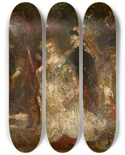 Triptych art skateboard deck of Adolphe Monticelli Trois Femmes Et Leur Page Dans Un Parc by Adolphe Monticelli (1824-1886)