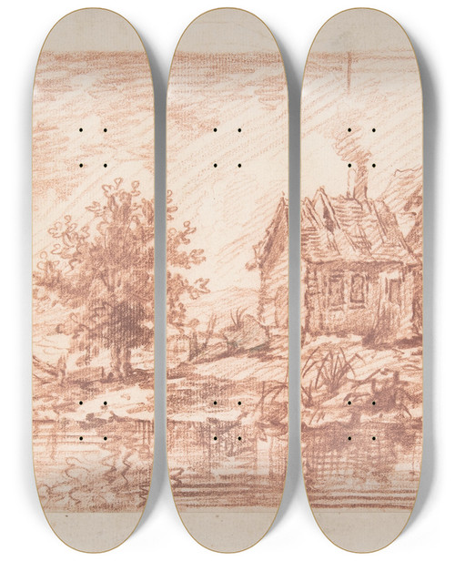 Triptych art skateboard deck of Jeanantoine Watteau Farm House Along A River Two Figures At Left by Jean-Antoine Watteau (1684-1721)