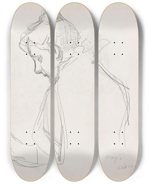 Triptych art skateboard deck of Signe Scheel Studier Av Et Kvinnehode by Signe Scheel (1860-1942)