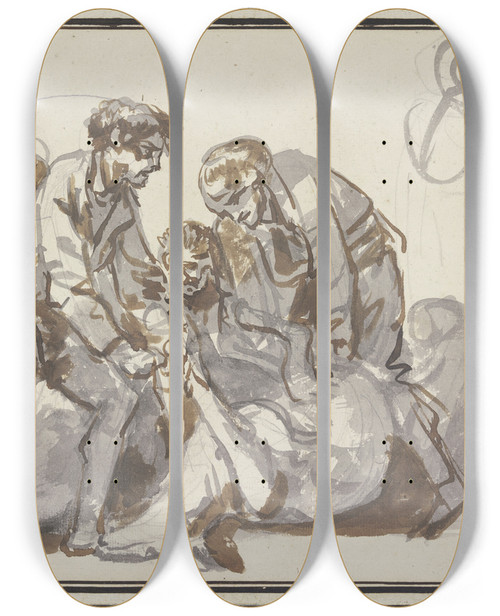 Triptych art skateboard deck of Jeanbaptiste Greuze Figurengruppe Mit Zwei Mnnern Die Einer Am Boden Liegenden Toten Hirschkuh Die Hufe Zusammenzubinden Versuchen by Jean-Baptiste Greuze (1725-1805)