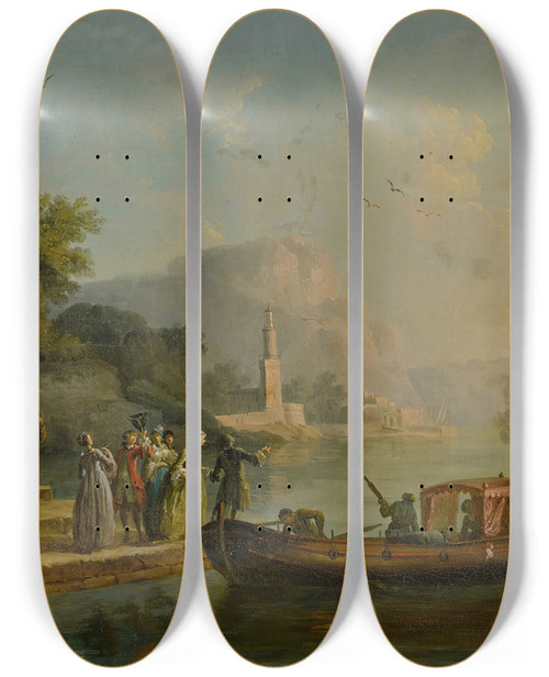 Triptych art skateboard deck of Claudejoseph Vernet View Of A Mediterranean Port With A Group Of Figures On The Shores Edge A Large Ship Beyond by Claude Joseph Vernet (1714-1789)