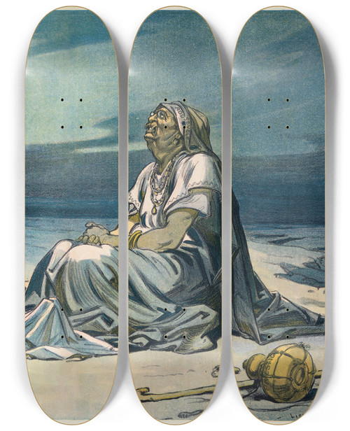 Triptych art skateboard deck of Udo Keppler Hagar And Ishmael In The Desert by Udo Keppler (1872-1956)