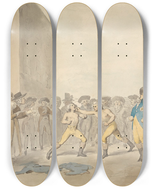 Triptych art skateboard deck of George Dance A Fist Fight With The Prince Regent Among The Spectators by George Dance (1741-1825)