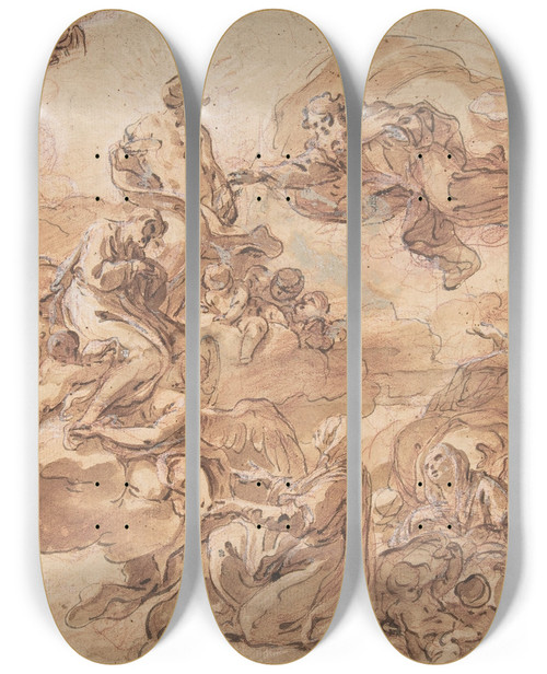 Triptych art skateboard deck of Corrado Giaquinto Saint Joseph Presented By The Virgin To The Holy Trinity by Corrado Giaquinto (1703-1766)