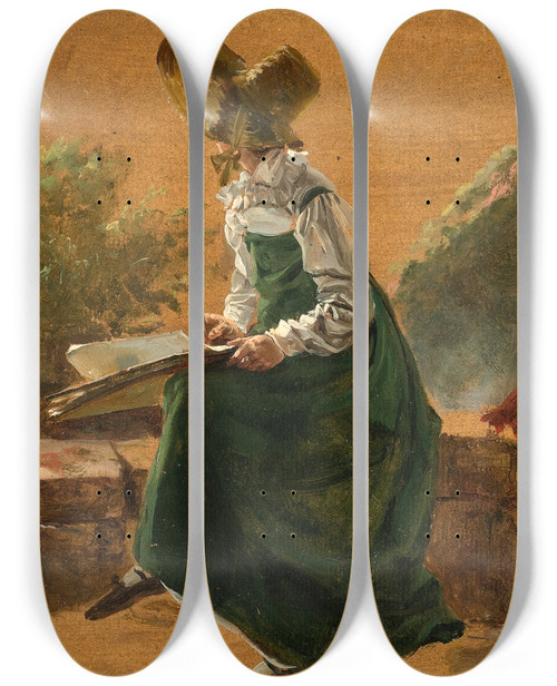 Triptych art skateboard deck of Johan Christian Dahl Princess Caroline Amalie Sketching In Naples Study by Johan Christian Dahl (1788-1857)