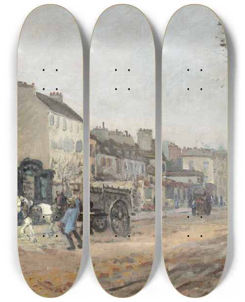 Triptych art skateboard deck of Alfred Sisley Boulevard Hlose by Alfred Sisley (1840-1899)