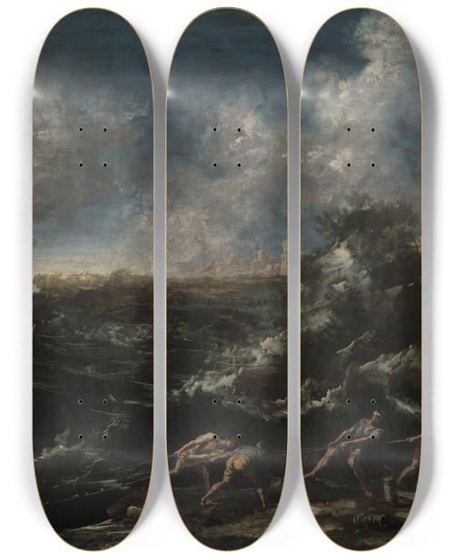 Triptych art skateboard deck of Antonio Francesco Peruzzini Seascape With Fisherman Pulling Outnets by Antonio Francesco Peruzzini (1646-1724)