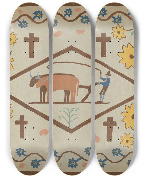 Triptych art skateboard deck of Majel G Claflin Colcha_14 by Majel G Claflin (1893-1941)