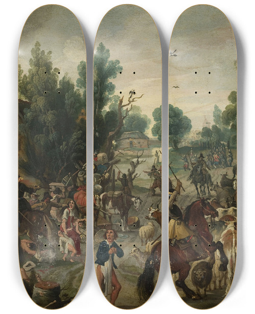 Triptych art skateboard deck of Sebastian Vrancx Assault On A Town by Sebastian Vrancx (1573-1647)