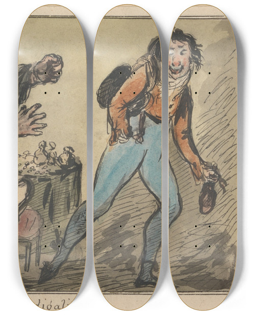 Triptych art skateboard deck of George Moutard Woodward Avarice And Prodigality by George Moutard Woodward (1765-1809)