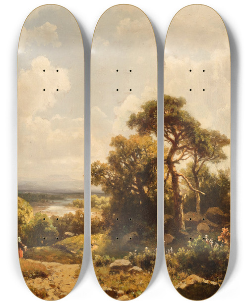 Triptych art skateboard deck of Adolf Chwala A View Of The Countryside by Adolf Chwala (1836-1900)