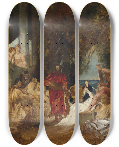 Triptych art skateboard deck of Hans Makart Musikalische Unterhaltung by Hans Makart (1840-1884)