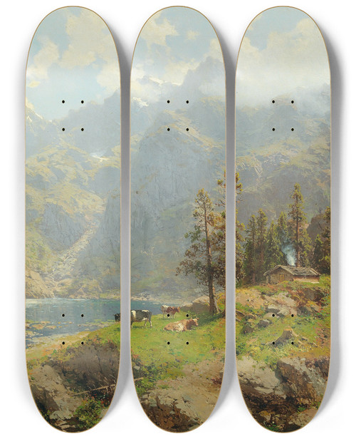 Triptych art skateboard deck of Robert Schultze Der Murgsee In Der Schweiz Glaris by Robert Schultze (1828-1910)