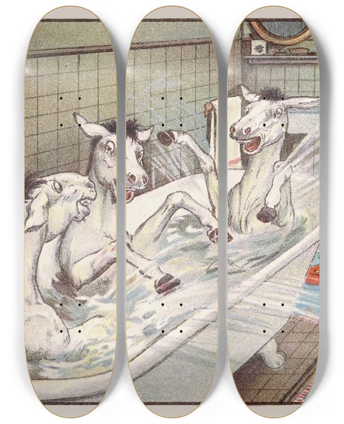 Triptych art skateboard deck of Peter Newell And Three Or Four With Hearty Cheer Jumped In Like Folly Frogs by Peter Newell (1862-1924)
