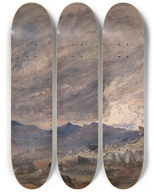 Triptych art skateboard deck of Barbara Bodichon View Of Snowdon With A Stormy Sky by Barbara Bodichon (1827-1891)