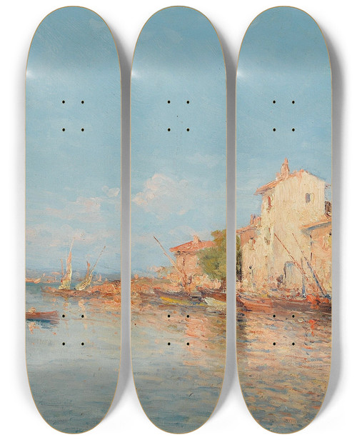 Triptych art skateboard deck of Henry Malfroy View Of A Harbour In Summer by Henry Malfroy (1895-1944)